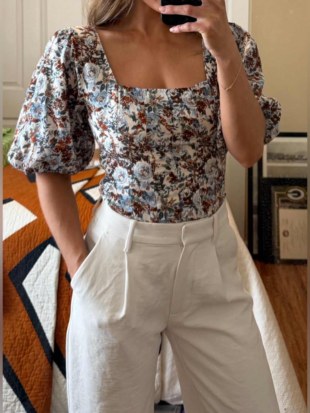 Abercrombie Floral Puff-Sleeve Square Neck Top - White Brown Blue